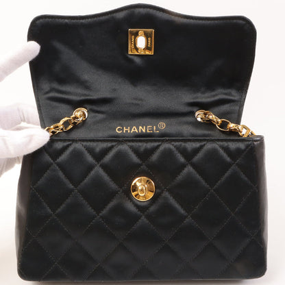 CHANEL Around 1990 Made Leather Silk Satin Combination Design Flap Bijoux Chain Bag Mini Black