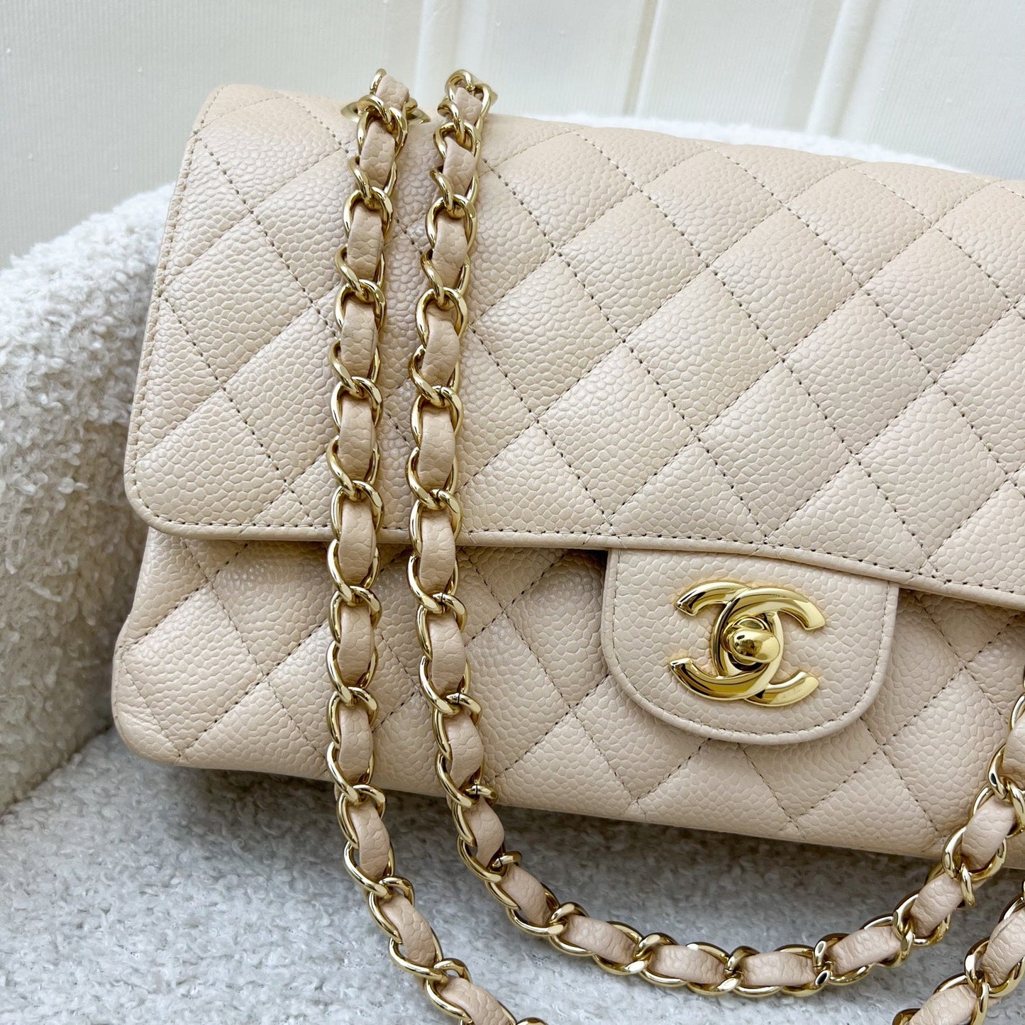 Chanel Medium Classic Flap CF in Beige Caviar and GHW