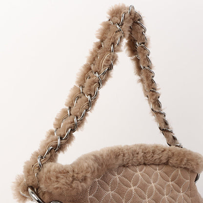 Chanel Around 2006 Made Mouton Cc Mark Stitch Shoulder Bag With Pouch Grey Beige