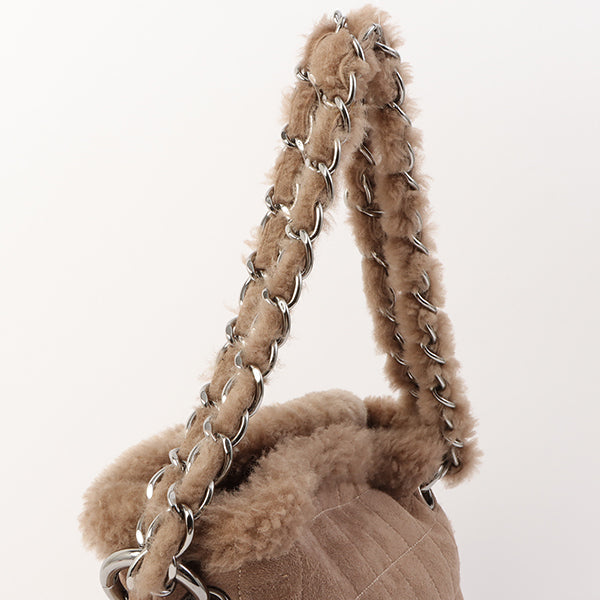 Chanel Around 2006 Made Mouton Cc Mark Stitch Shoulder Bag With Pouch Grey Beige
