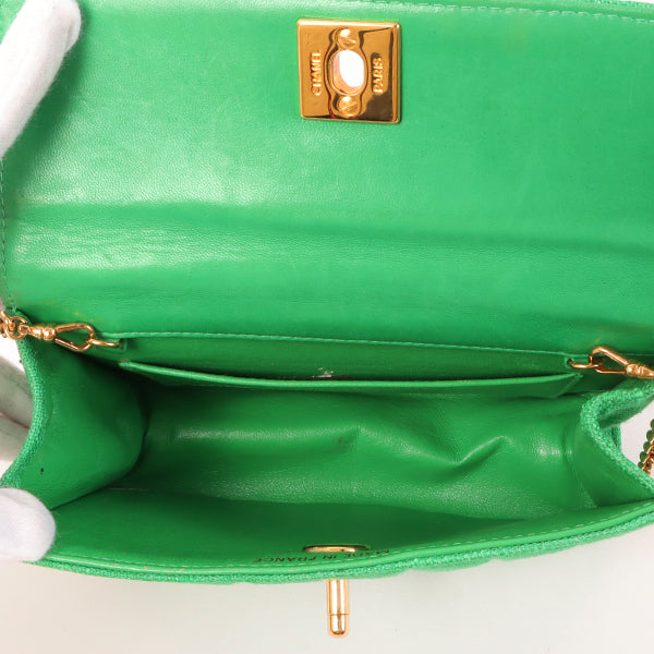 Chanel Around 1992 Made Linen Mademoiselle Stitch Turn-Lock Chain Bag Mini Green
