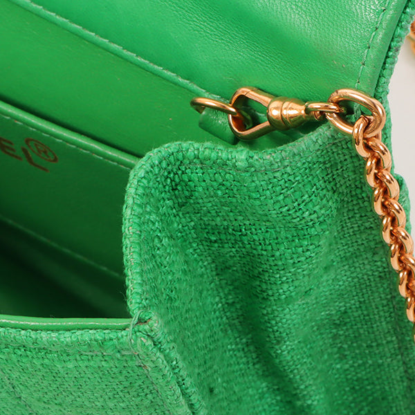 Chanel Around 1992 Made Linen Mademoiselle Stitch Turn-Lock Chain Bag Mini Green
