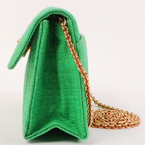 Chanel Around 1992 Made Linen Mademoiselle Stitch Turn-Lock Chain Bag Mini Green