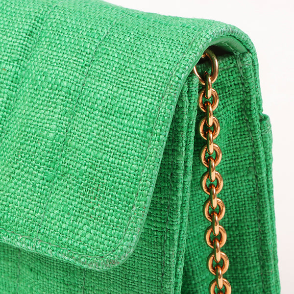 Chanel Around 1992 Made Linen Mademoiselle Stitch Turn-Lock Chain Bag Mini Green