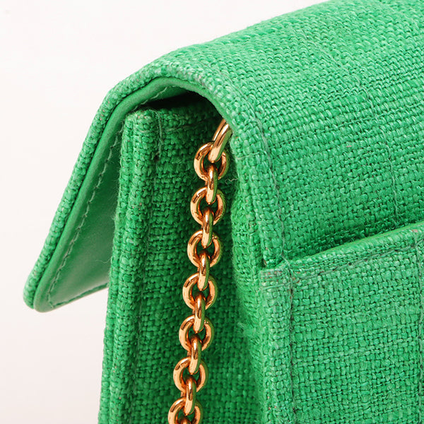 Chanel Around 1992 Made Linen Mademoiselle Stitch Turn-Lock Chain Bag Mini Green