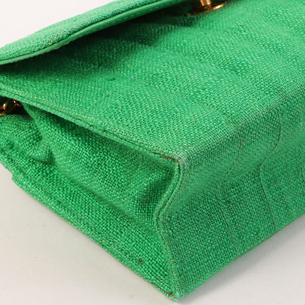 Chanel Around 1992 Made Linen Mademoiselle Stitch Turn-Lock Chain Bag Mini Green