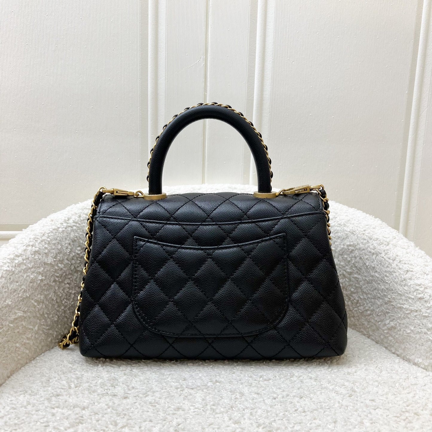 Chanel Small (24cm) Limited Edition Chain Handle Coco Handle Flap in Black Caviar and AGHW (Model: A92990)