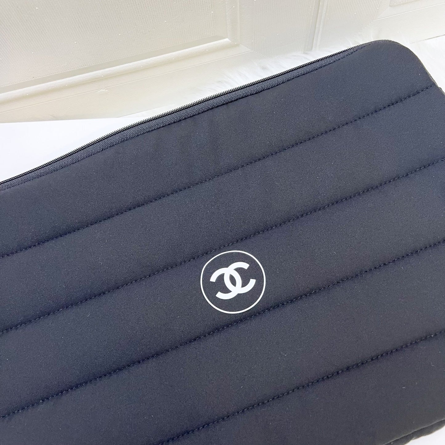 Chanel Beaute VIP Gift Laptop Sleeve with White Logo in Black Recycled Polyester