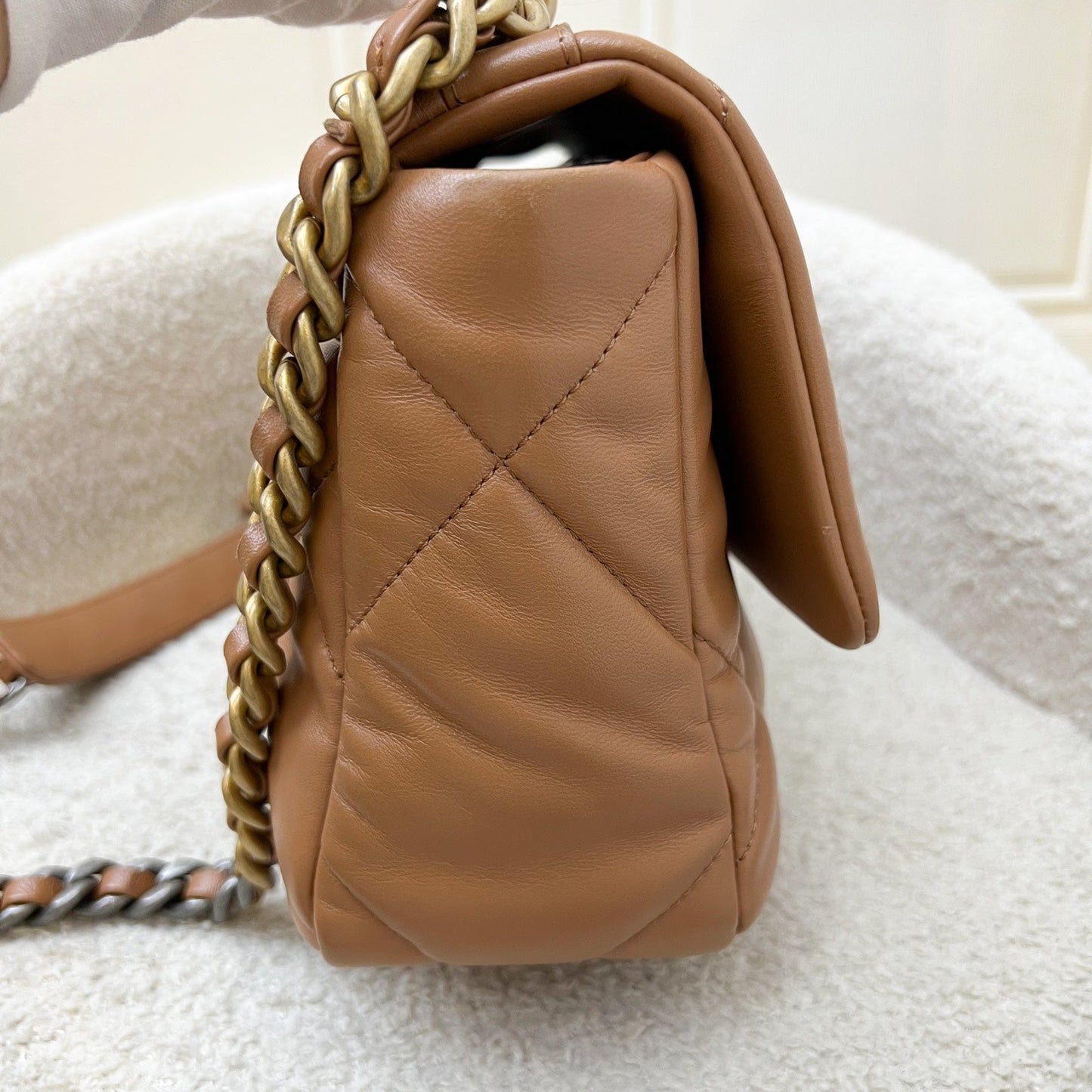 Chanel 19 Small Flap in 22S Caramel Lambskin and 3-tone HW (Model: AS1160)