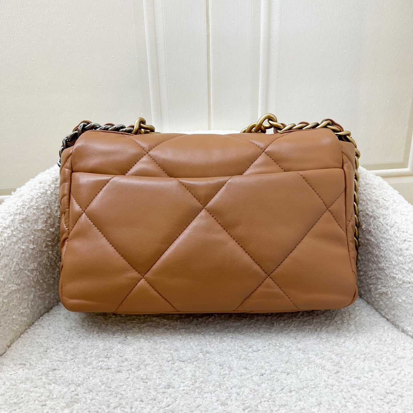 Chanel 19 Small Flap in 22S Caramel Lambskin and 3-tone HW (Model: AS1160)