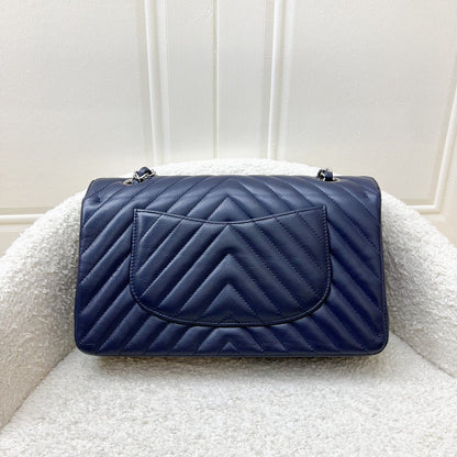 Chanel Medium Classic Flap CF in Chevron Quilted Navy Caviar and SHW