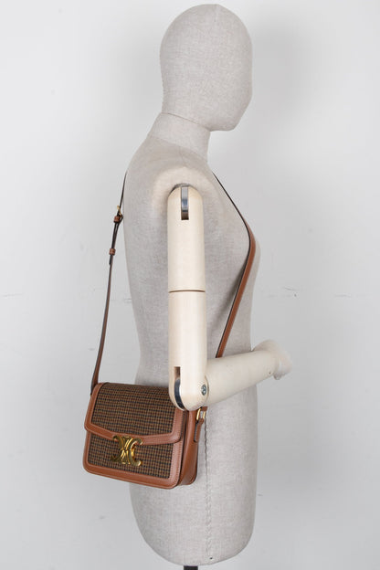 CELINE Teen Triomphe Houndstooth Crossbody Bag Brown