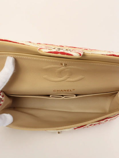 Chanel Around  Made Cotton Striped Classic New Chain Bag Beige/Red/White