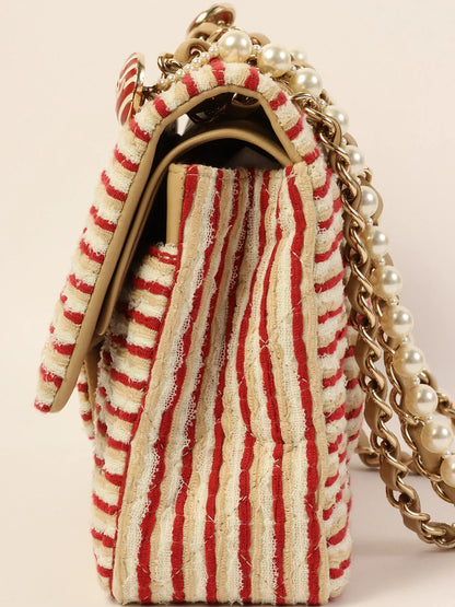 Chanel Around  Made Cotton Striped Classic New Chain Bag Beige/Red/White