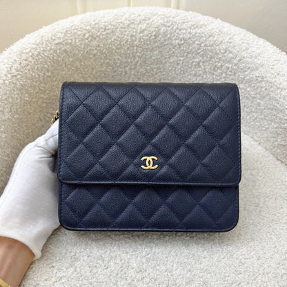 Chanel Square Wallet on Chain WOC in Navy Embossed Calfskin and AGHW (Model: A84310)