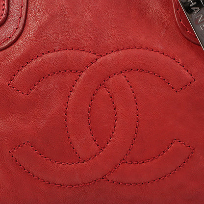 CHANEL Around 2007 Made Cc Mark Stitch Logo Plate Charm Handle Bag Red