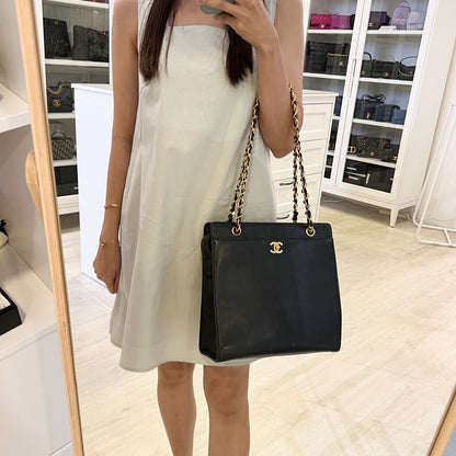 Chanel Vintage Tote Bag with CC Turnlock in Black Caviar and 24K Gold Plated HW