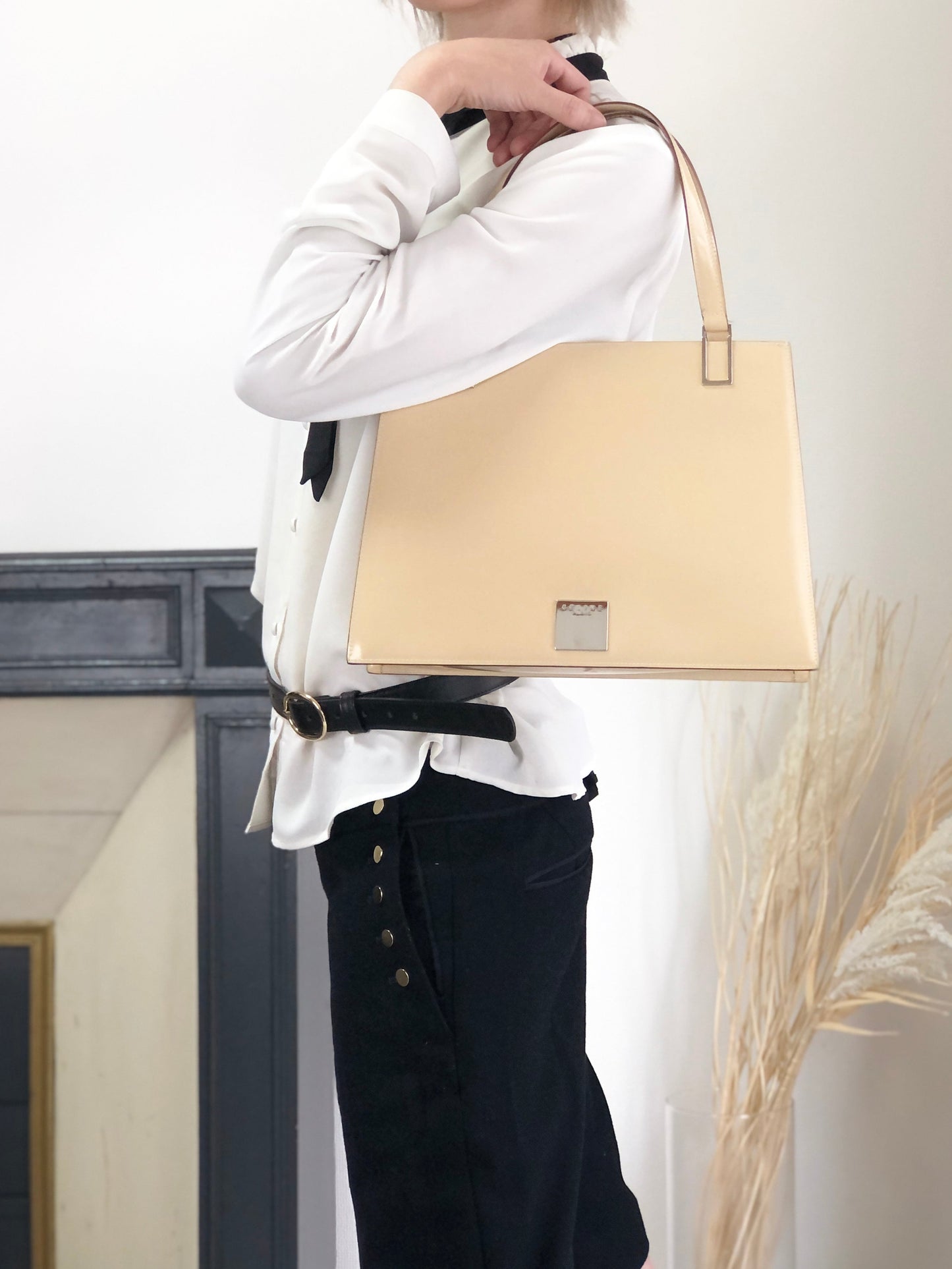 CELINE Logo Two-way Handbag Shoulder bag Beige Vintage nb66wk