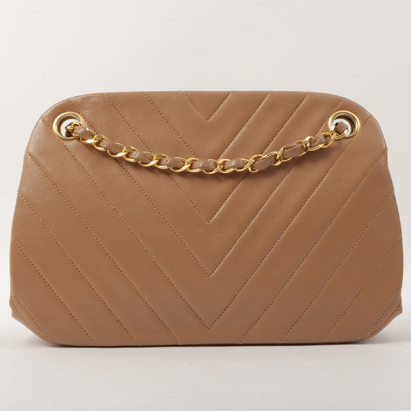 Chanel Around 1990 Made Chevron Cc Mark Plate Metal Clasp Chain Bag Pale Brown