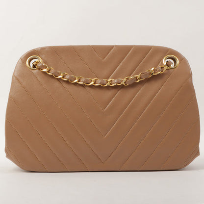 Chanel Around 1990 Made Chevron Cc Mark Plate Metal Clasp Chain Bag Pale Brown