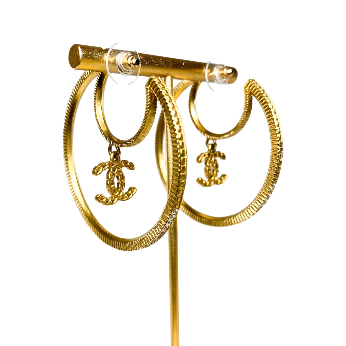 Chanel Gold Crystal CC Drop Moon Hoop Earrings