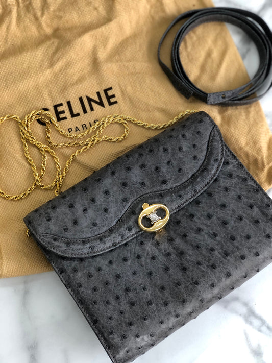 CELINE  Triomphe Ostrich Two way Chain Shoulder Bag Clutch bag Gray Old Celine Vintage vybyhv