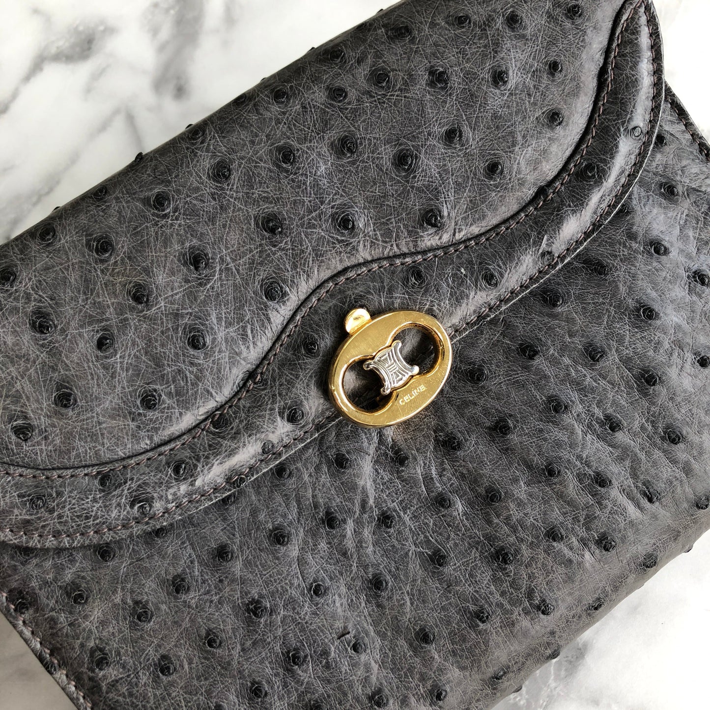 CELINE  Triomphe Ostrich Two way Chain Shoulder Bag Clutch bag Gray Old Celine Vintage vybyhv