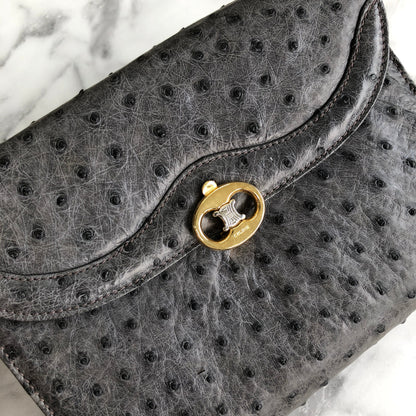 CELINE  Triomphe Ostrich Two way Chain Shoulder Bag Clutch bag Gray Old Celine Vintage vybyhv