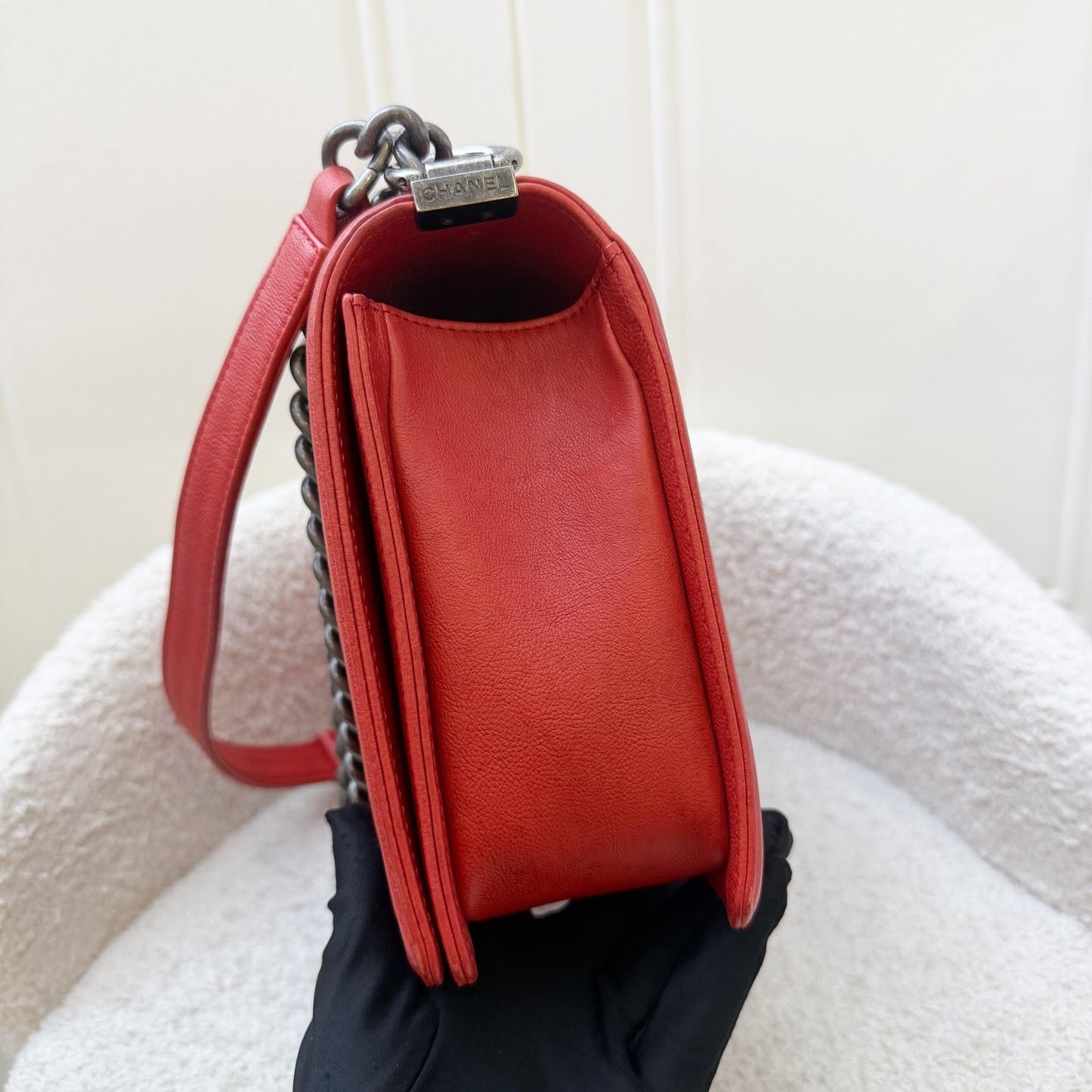Chanel Medium 25cm Boy Flap in Red Distressed Calfskin and RHW