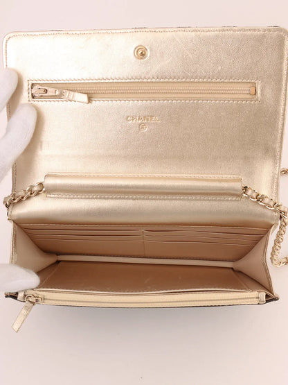 Chanel Around  Made Silk Satin Mini Cc Mark Plate Wallet On Chain Black/Champagne Gold