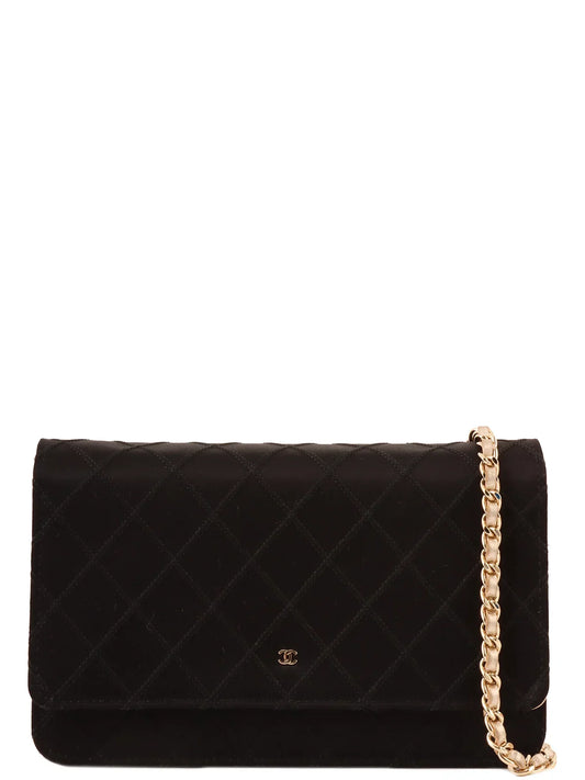 Chanel Around  Made Silk Satin Mini Cc Mark Plate Wallet On Chain Black/Champagne Gold