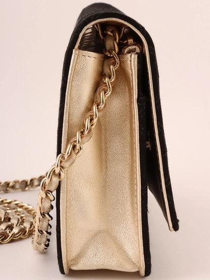 Chanel Around  Made Silk Satin Mini Cc Mark Plate Wallet On Chain Black/Champagne Gold