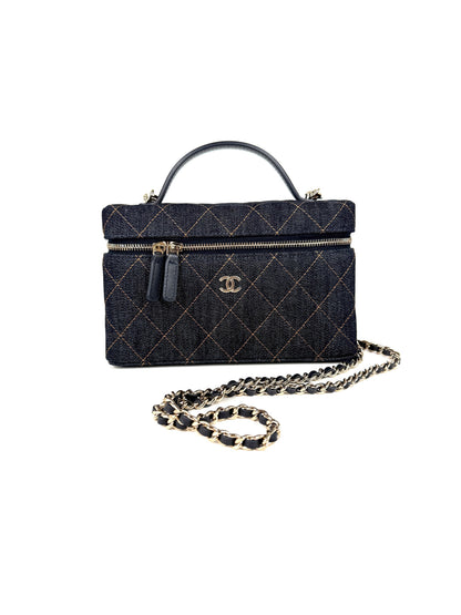 CHANEL Long Classic Vanity Dark Denim Quilted Zip Top Handle Crossbody with Chain Bag New