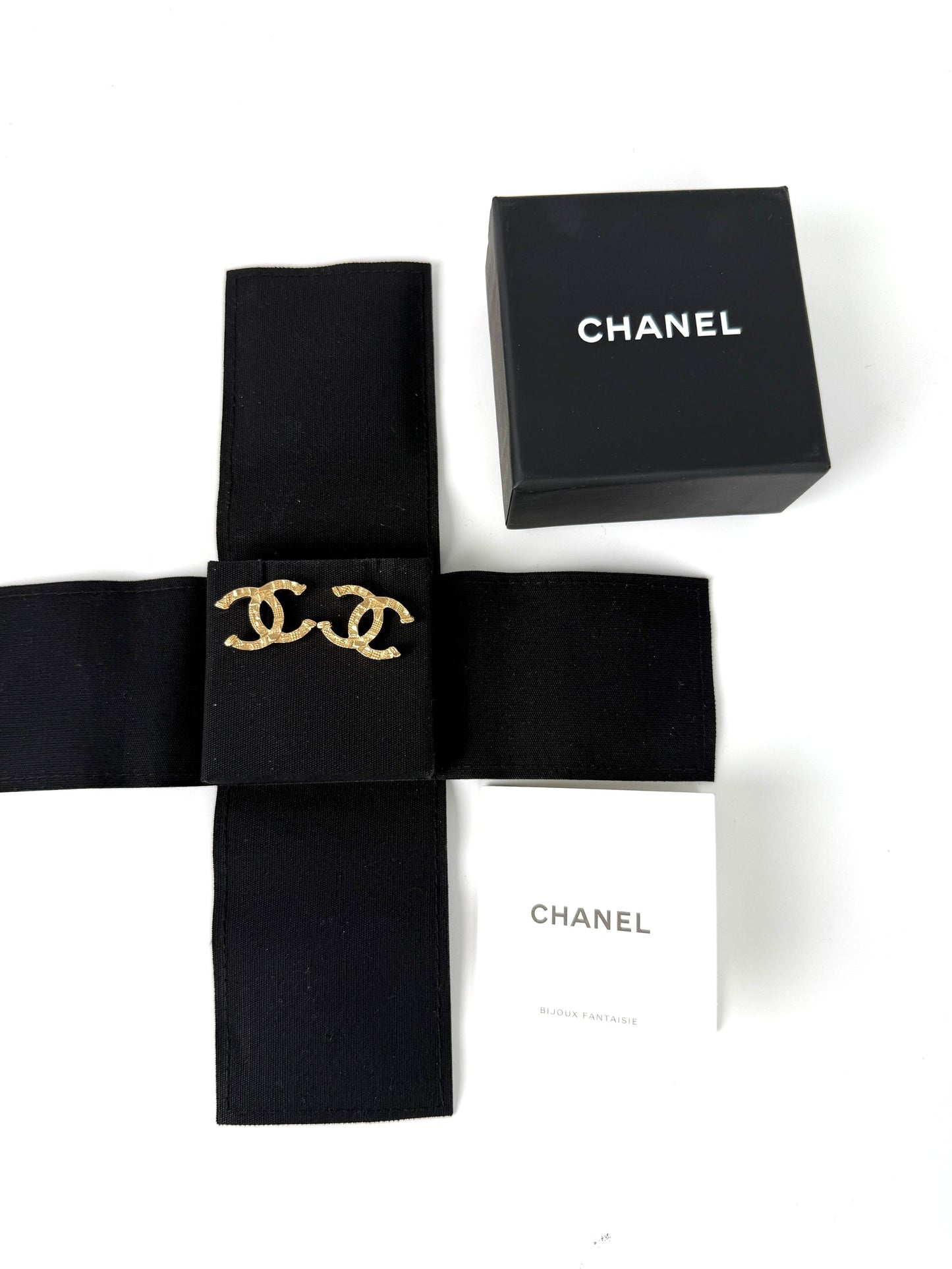 CHANEL 2024 Gold Tone CC Logo Stud Hammered Earrings