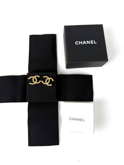 CHANEL 2024 Gold Tone CC Logo Stud Hammered Earrings