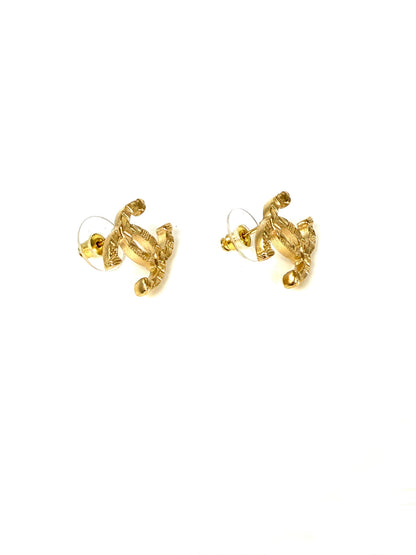 CHANEL 2024 Gold Tone CC Logo Stud Hammered Earrings