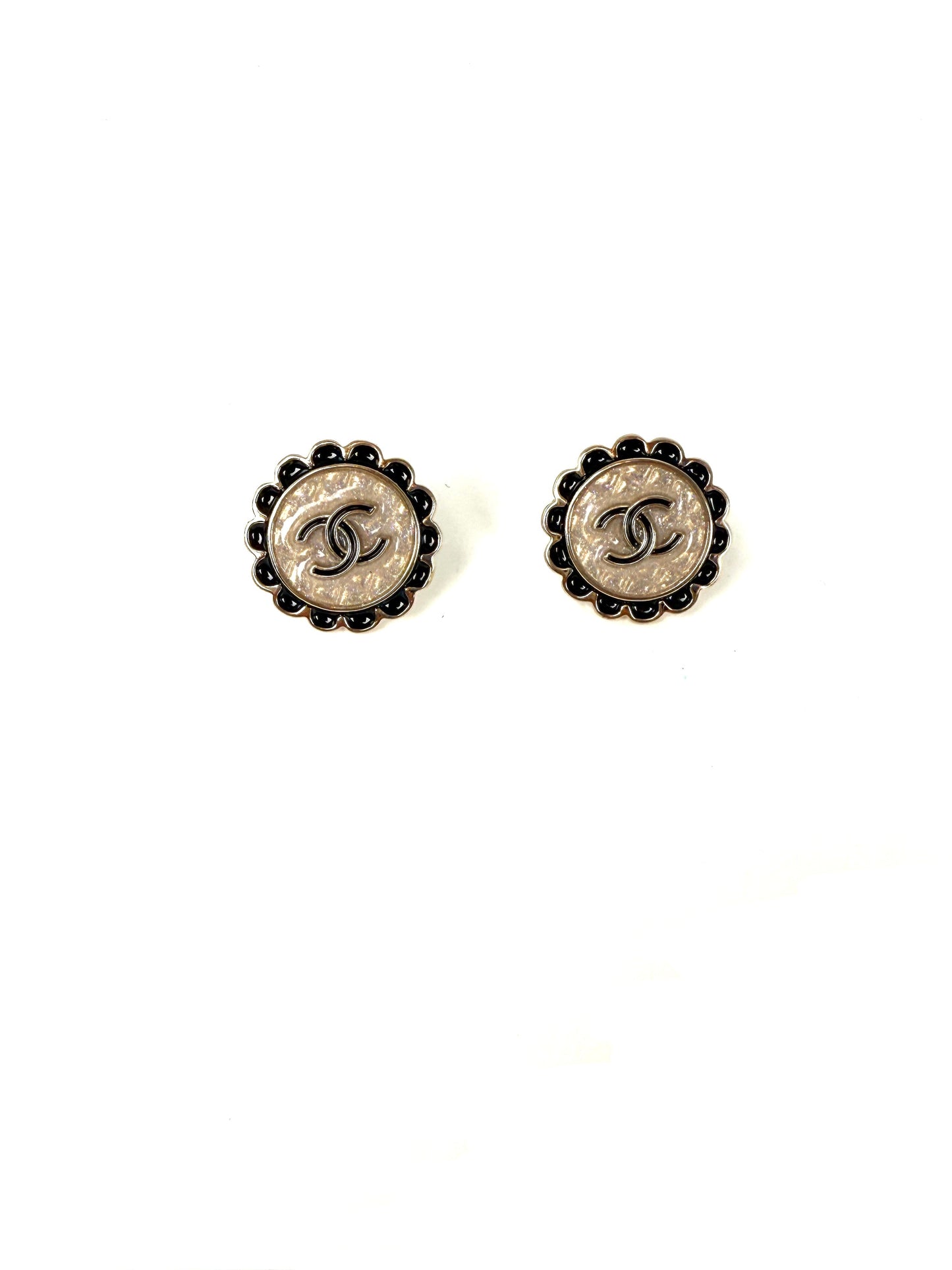CHANEL 2024 Gold Tone CC Logo Stud Flower Button Earrings