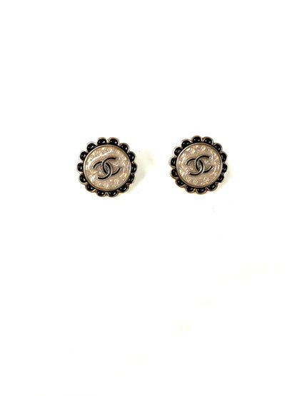 CHANEL 2024 Gold Tone CC Logo Stud Flower Button Earrings