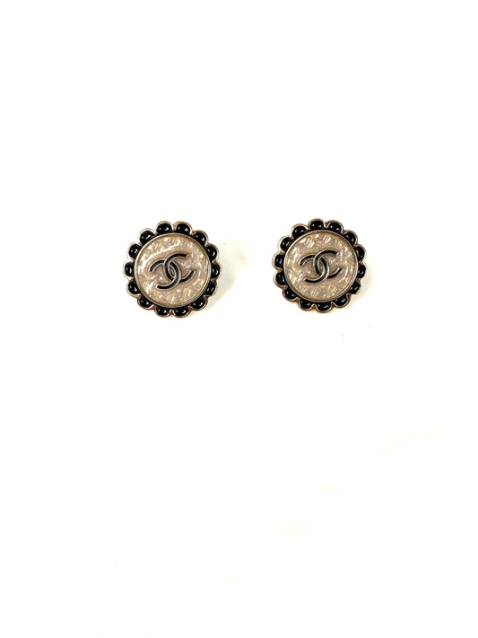 CHANEL 2024 Gold Tone CC Logo Stud Flower Button Earrings