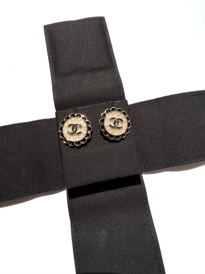 CHANEL 2024 Gold Tone CC Logo Stud Flower Button Earrings