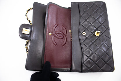 CHANEL Classic Double Flap 10" Chain Shoulder Bag Black Lambskin k72