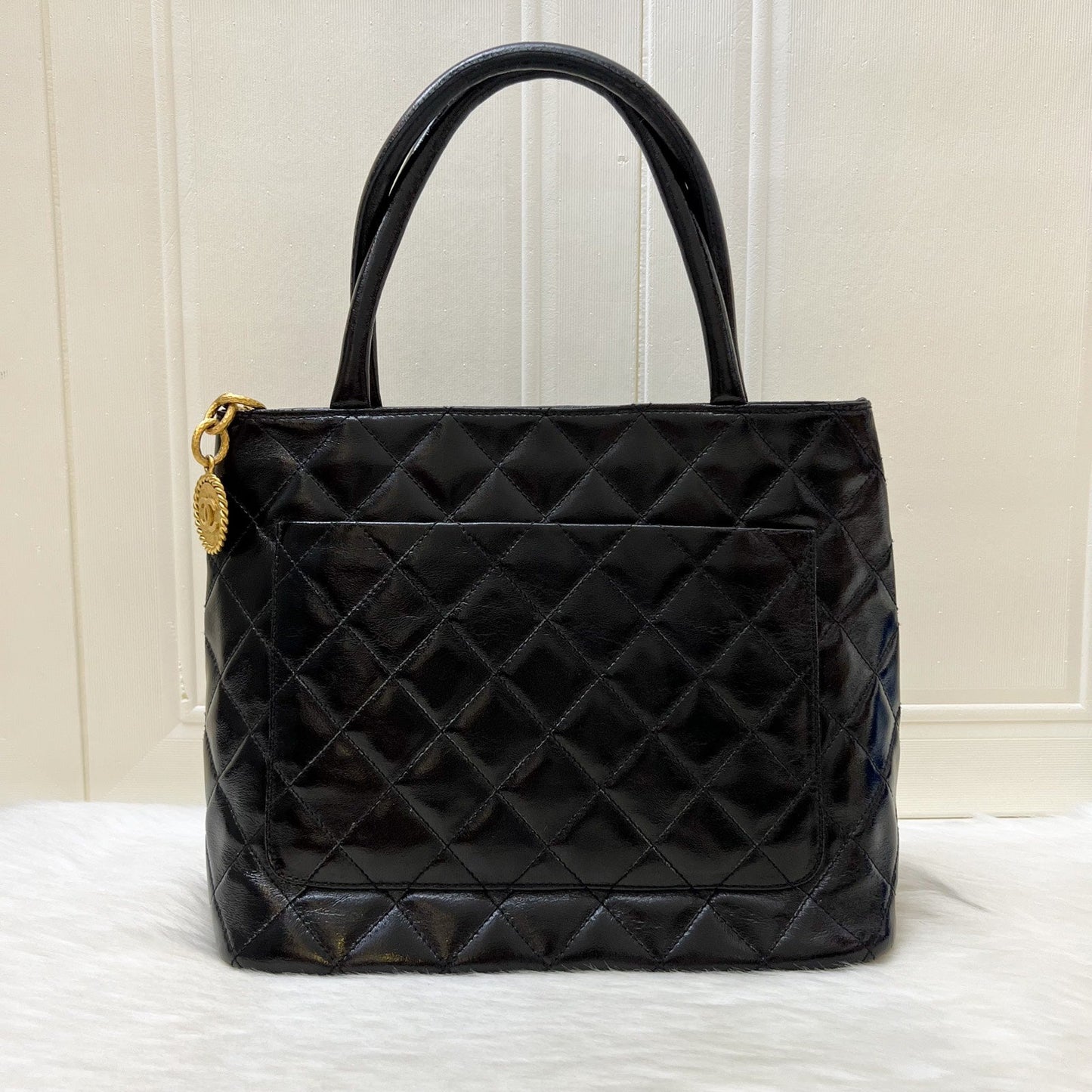 Chanel Vintage Medallion Tote in Black Glossy Calfskin and AGHW