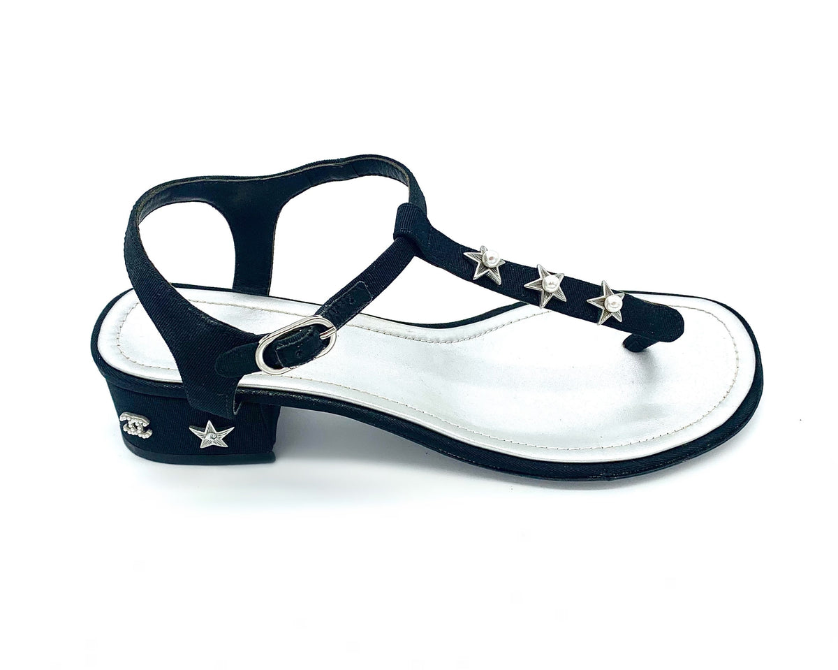 CHANEL T-STRAP PEARL EMBELLISHED BLOCK HEEL SANDALS
