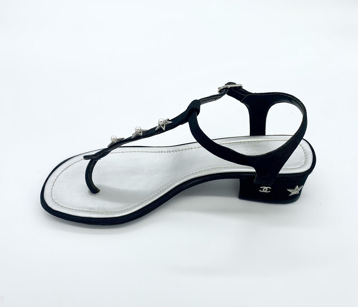 CHANEL T-STRAP PEARL EMBELLISHED BLOCK HEEL SANDALS