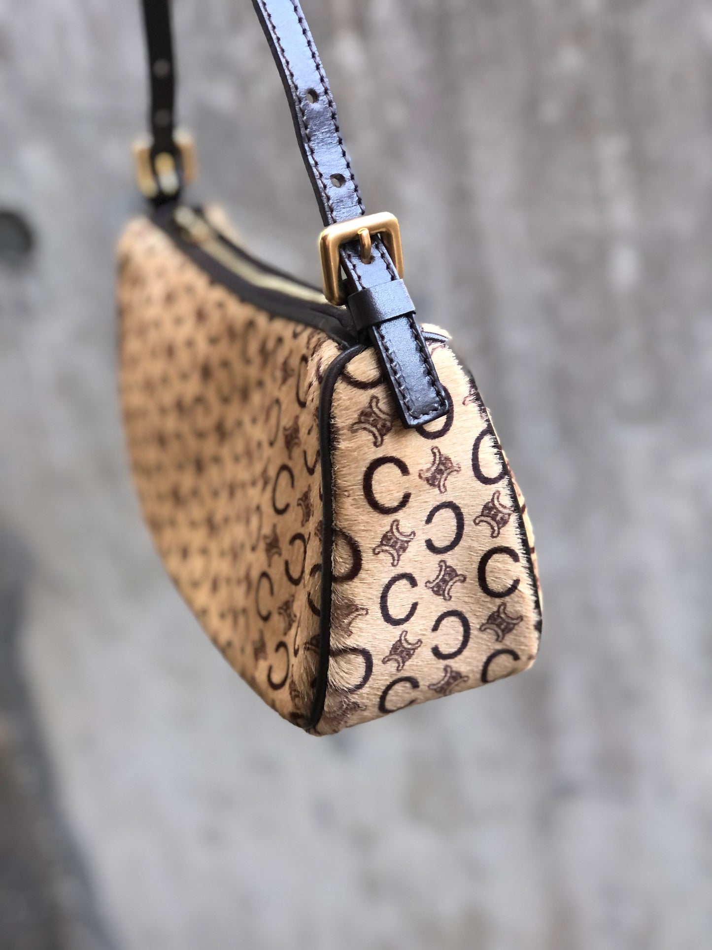 CELINE C Macadam Unborn Calf Handag Hobobag Beige Old Celine Vintage 4xy2gk