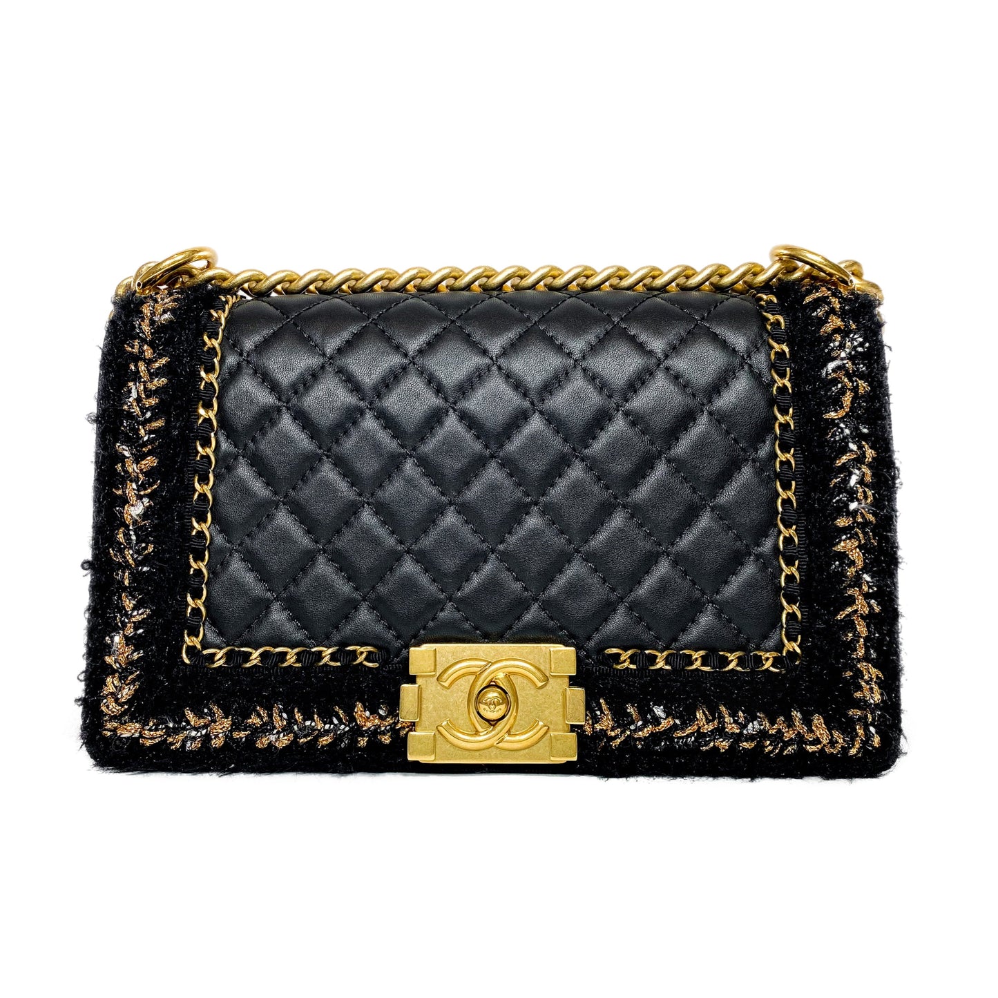 Chanel Black Tweed Lambskin Quilted Braided Jacket Boy Flap Bag