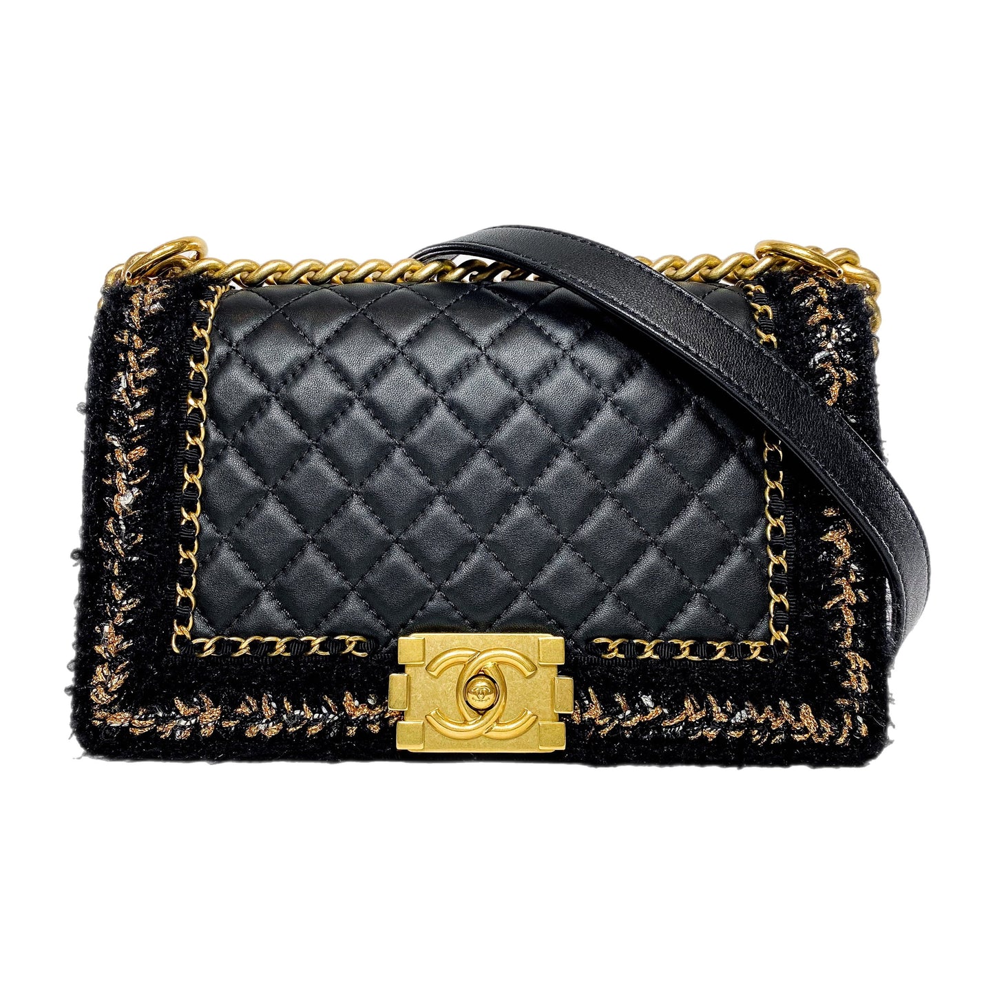 Chanel Black Tweed Lambskin Quilted Braided Jacket Boy Flap Bag