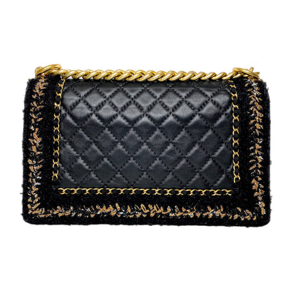 Chanel Black Tweed Lambskin Quilted Braided Jacket Boy Flap Bag