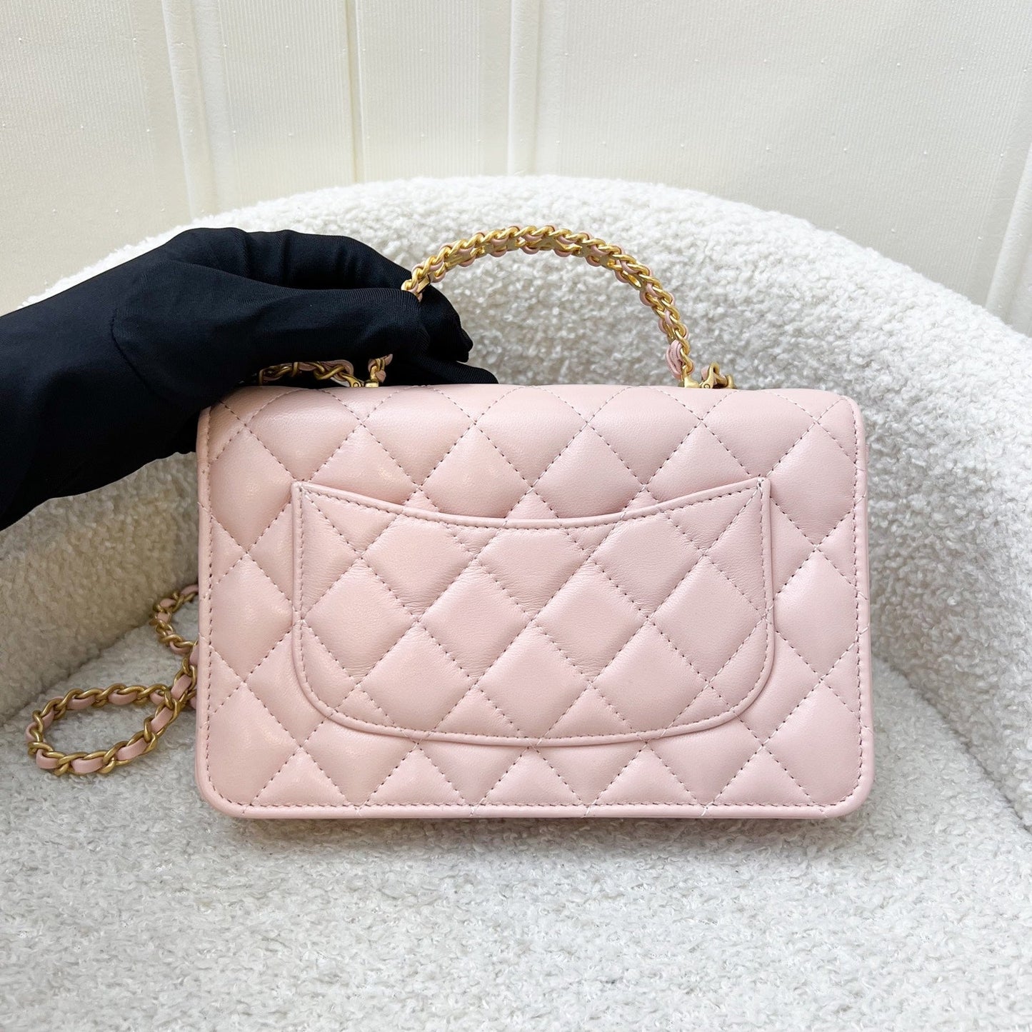 Chanel 24C Top Handle Wallet on Chain WOC in Rose Clair Pink Lambskin and AGHW (Model: AP3664)