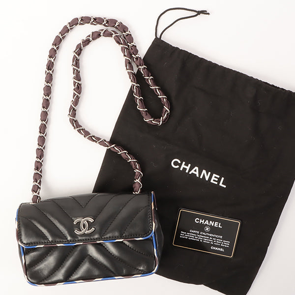 Chanel Around 2005 Made Chevron Cc Mark Plate Mini Chain Bag Black/Multi